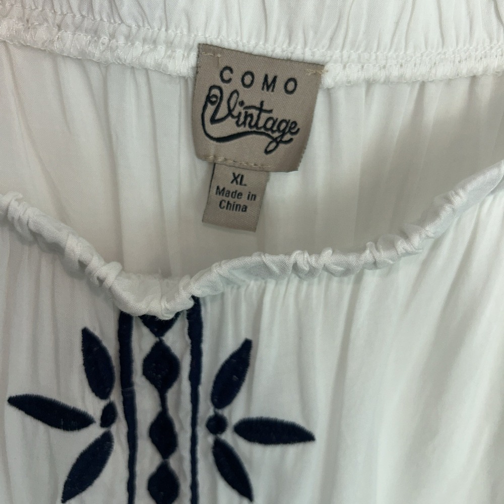 Como Vintage White Boho Women's XL Short Sleeve Navy Embroidered Stitching - Picture 2 of 7